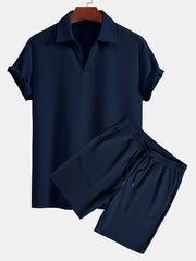 Short Sleeved V-Neck Ribbed Polo & Drawstring Ribbed Shorts