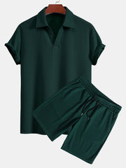 Short Sleeved V-Neck Ribbed Polo & Drawstring Ribbed Shorts