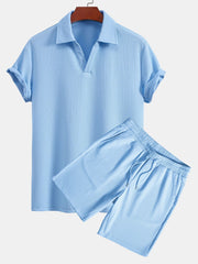 Short Sleeved V-Neck Ribbed Polo & Drawstring Ribbed Shorts
