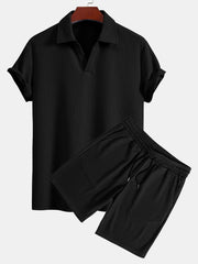 Short Sleeved V-Neck Ribbed Polo & Drawstring Ribbed Shorts