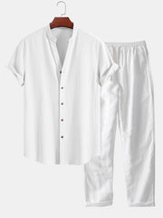Wrinkled Textured V Neck Shirt & Straight Leg Linen Pants