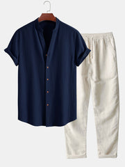Wrinkled Textured V Neck Shirt & Straight Leg Linen Pants