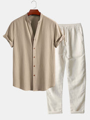Wrinkled Textured V Neck Shirt & Straight Leg Linen Pants
