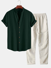 Wrinkled Textured V Neck Shirt & Straight Leg Linen Pants