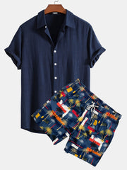 Linen Rayon Blend Button Up Shirt & Palm Tree Color Block Print Swim Shorts