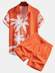 Palm Tree Print Button Up Shirt & Man Mid Length Drawstring Swim Shorts