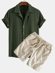 Texture Jacquard Cuban Shirt & Linen Cotton Blend Drawstring Shorts
