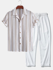 Striped Mesh Cuban Shirt & Wrinkle Textured Straight Leg Pants