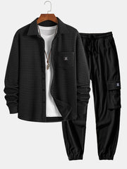 Waffle Button Up Shirt & Drawstring Corduroy Cargo Jogger Pants