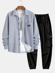 Waffle Button Up Shirt & Drawstring Corduroy Cargo Jogger Pants