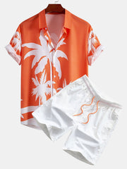 Palm Tree Print Button Up Shirt & Man Mid Length Drawstring Swim Shorts
