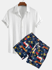 Linen Rayon Blend Button Up Shirt & Palm Tree Color Block Print Swim Shorts