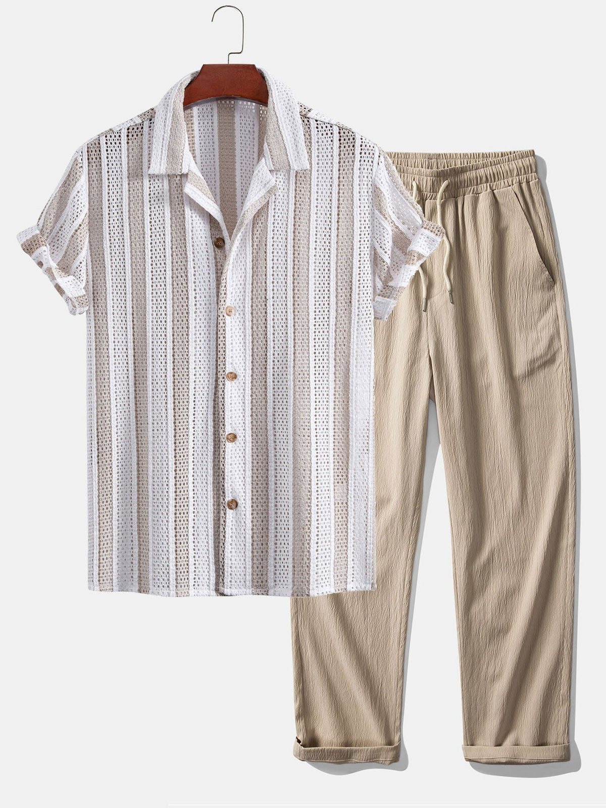 Striped Mesh Cuban Shirt & Wrinkle Textured Straight Leg Pants