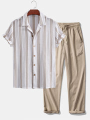Striped Mesh Cuban Shirt & Wrinkle Textured Straight Leg Pants
