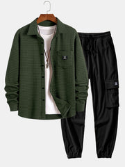 Waffle Button Up Shirt & Drawstring Corduroy Cargo Jogger Pants