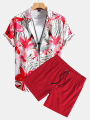 Flower Plants Print Button Up Shirt & Swim Shorts