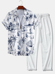 Island Sailing Print Button Up Shirt & Wrinkle Textured Straight Leg Pants