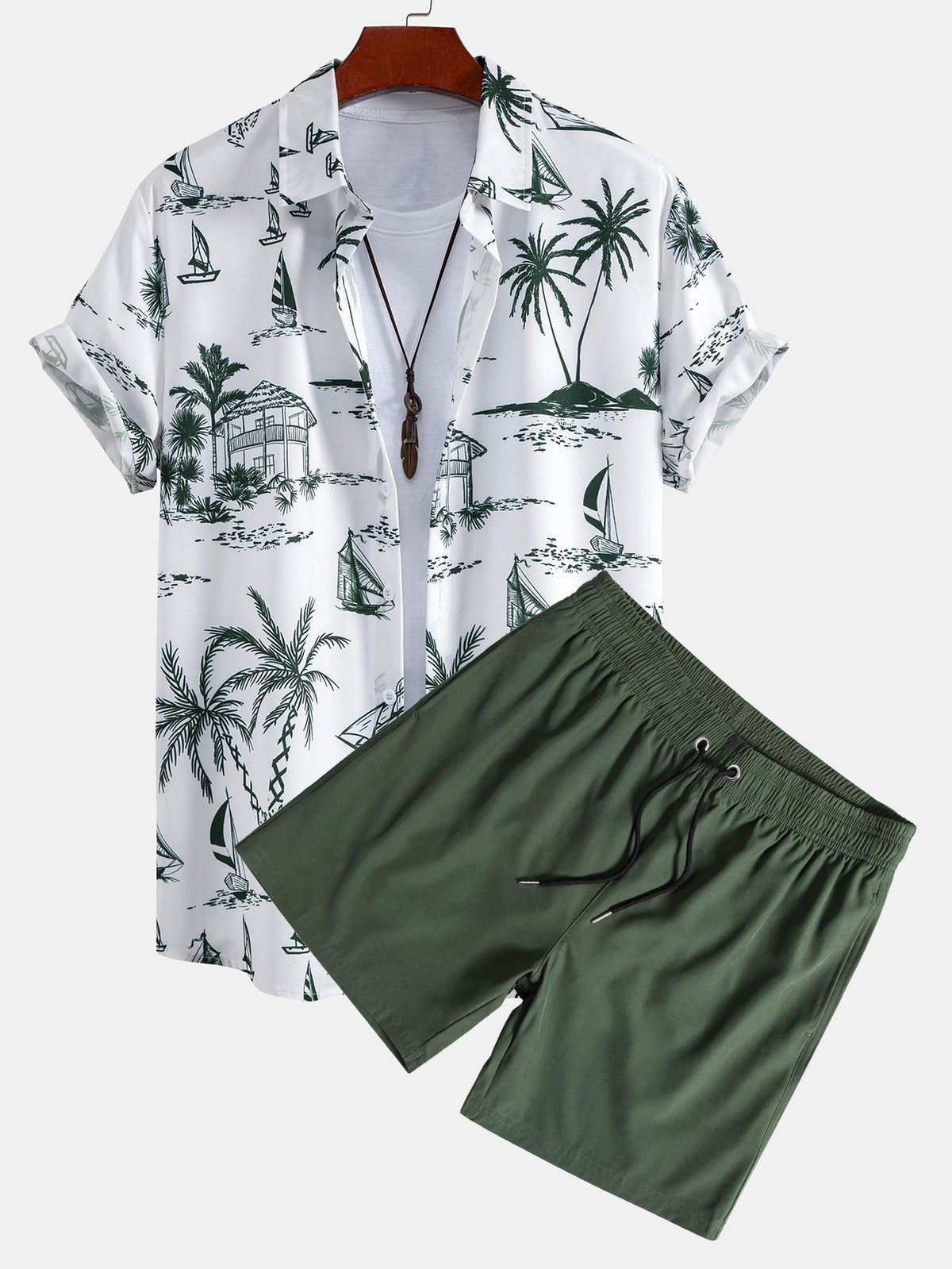 Island Sailing Print Button Up Shirt & Solid Drawstring Swim Shorts