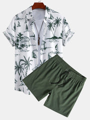 Island Sailing Print Button Up Shirt & Solid Drawstring Swim Shorts