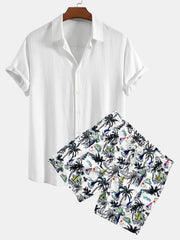 Linen Rayon Blend Button Up Shirt & Palm Tree Sailboat Print Swim Shorts
