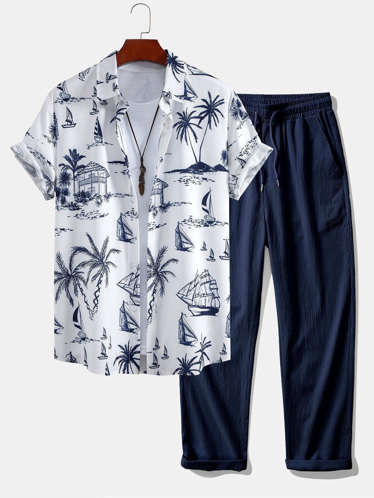 Island Sailing Print Button Up Shirt & Wrinkle Textured Straight Leg Pants