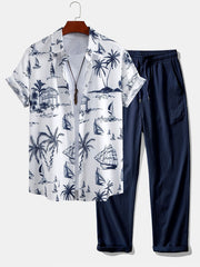 Island Sailing Print Button Up Shirt & Wrinkle Textured Straight Leg Pants