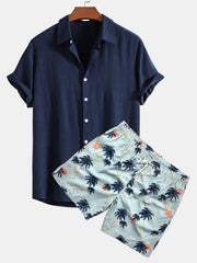Linen Rayon Blend Button Up Shirt & Palm Tree Sunset Print Swim Shorts