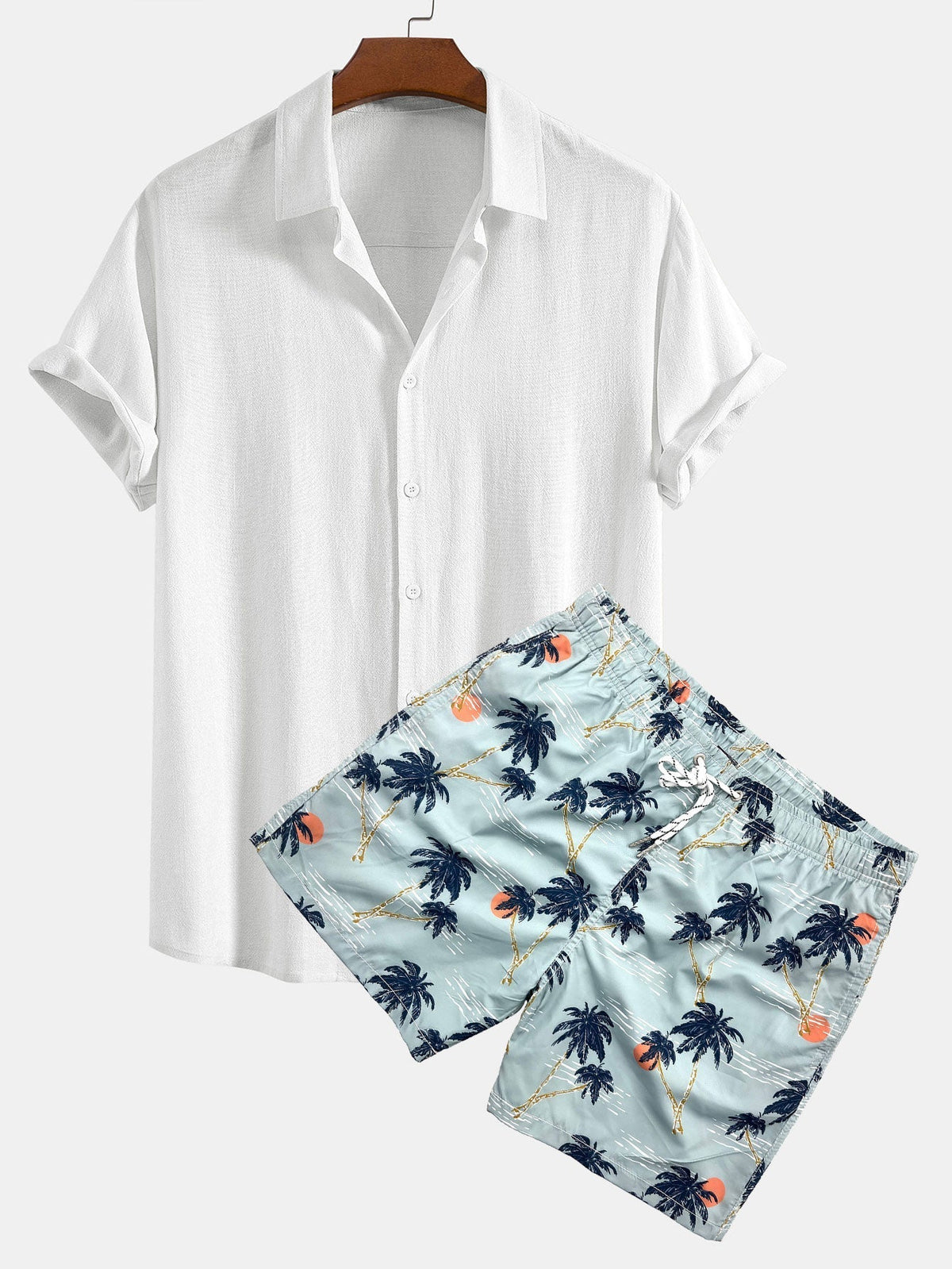 Linen Rayon Blend Button Up Shirt & Palm Tree Sunset Print Swim Shorts