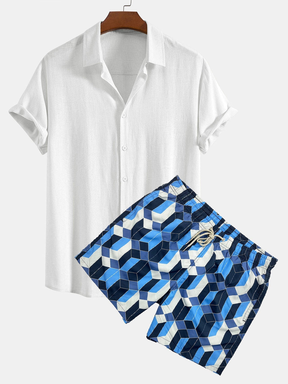 Linen Rayon Blend Button Up Shirt & Geometric Color Block Print Swim Shorts