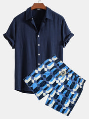 Linen Rayon Blend Button Up Shirt & Geometric Color Block Print Swim Shorts
