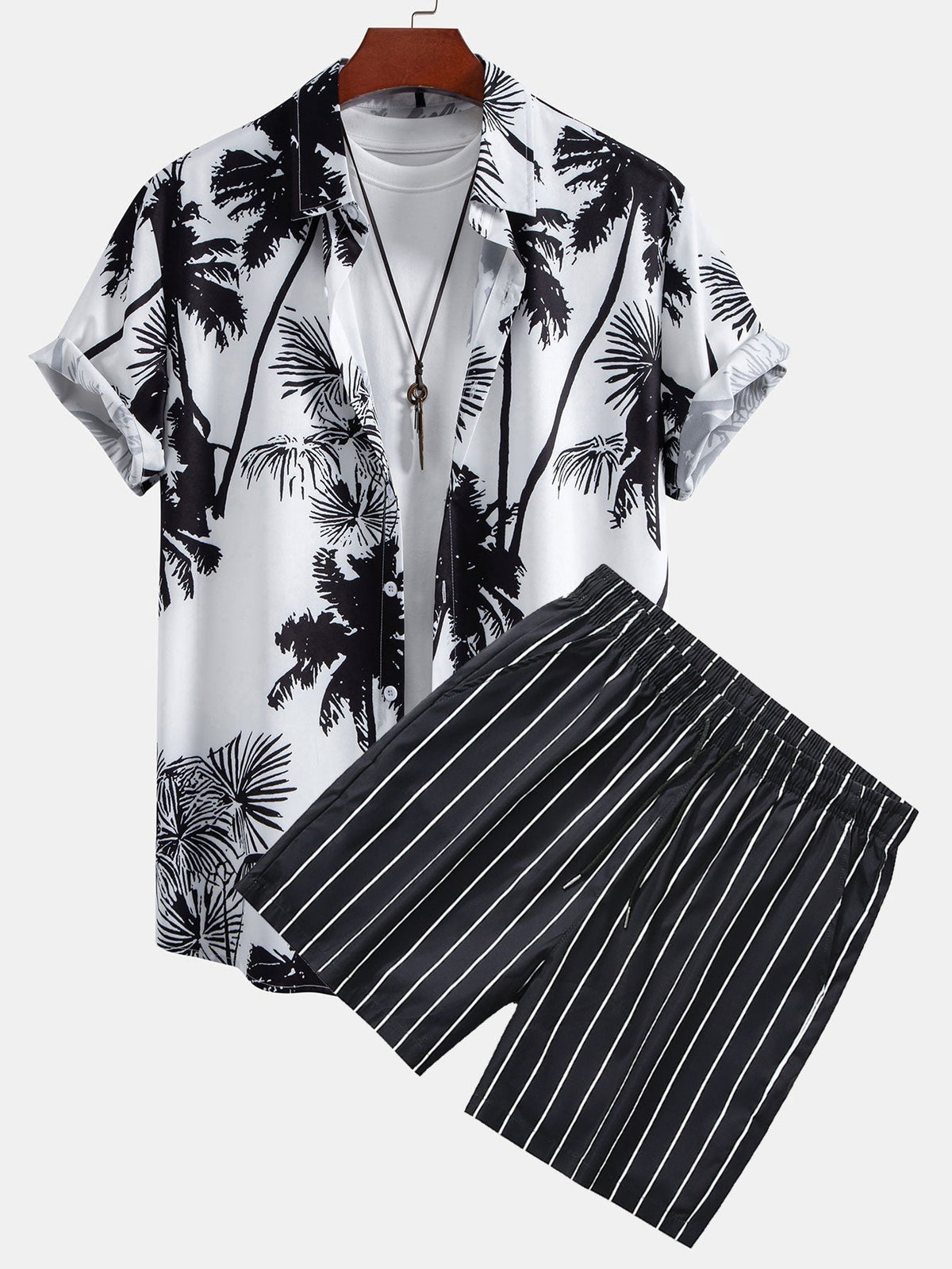 Palm Trees Print Button Up Shirt & Striped Swim Shorts