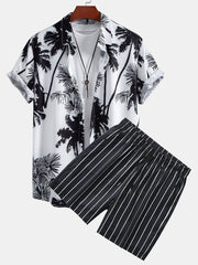Palm Trees Print Button Up Shirt & Striped Swim Shorts
