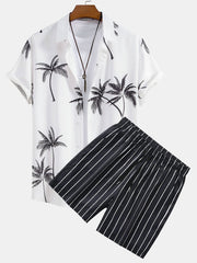 Palm Tree Print Button Up Shirt & Striped Swim Shorts