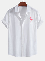 Flamingo Print Linen Look Cotton Button Up Shirt & Swim Shorts