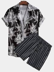 Palm Tree Print Button Up Shirt & Striped Swim Shorts