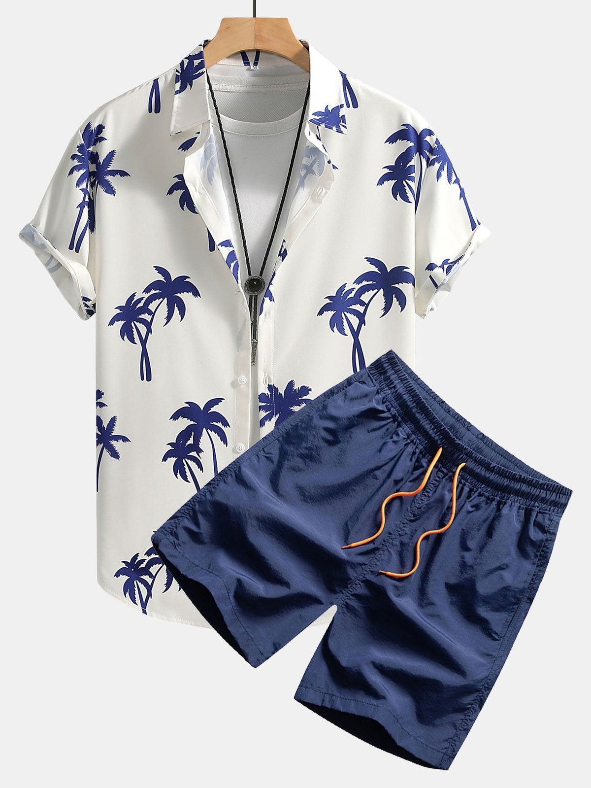 Palm Tree Print Button Up Shirt & Man Mid Length Drawstring Swim Shorts