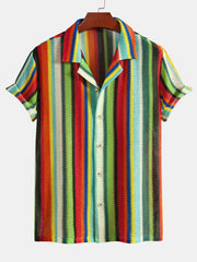 Colorful Striped Waffle Texture Cuban Shirt & Swim Shorts