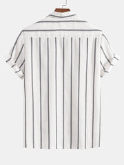 Cotton Blend Striped Cuban Shirt & Striped Print Swim Shorts