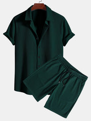 Muscle Fit Ribbed Button Up Shirt & Shorts