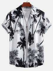Palm Trees Print Button Up Shirt & Striped Print Swim Shorts
