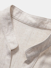 V Neck Linen Rayon Blend Shirt & Straight Leg Linen Pants
