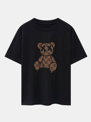 Checkerboard Dissolving Bear Drop Shoulder Oversize T-Shirt & Corduroy Shorts