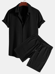 Muscle Fit Ribbed Button Up Shirt & Shorts
