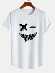 Smiley Face Print Cotton Arc Hem T-Shirt & Shorts