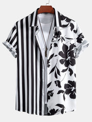 Floral Stripe Patchwork Print Button Up Shirt & Swim Shorts
