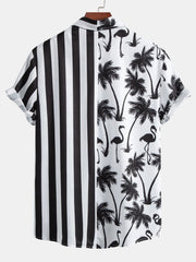 Palm Tree Flamingo Stripe Patchwork Print Button Up Shirt & Swim Shorts