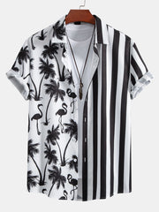 Palm Tree Flamingo Stripe Patchwork Print Button Up Shirt & Swim Shorts
